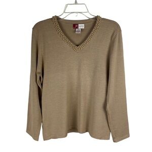 JM Collection Silk Blend Knit Sweater Pullover Tan Brown Women’s Size M Pearls
